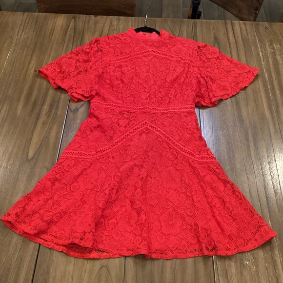 Strut & Bolt floral Lace Lined Mock Neck Short Sleeve flare Mini Dress Red Large - Picture 6 of 11